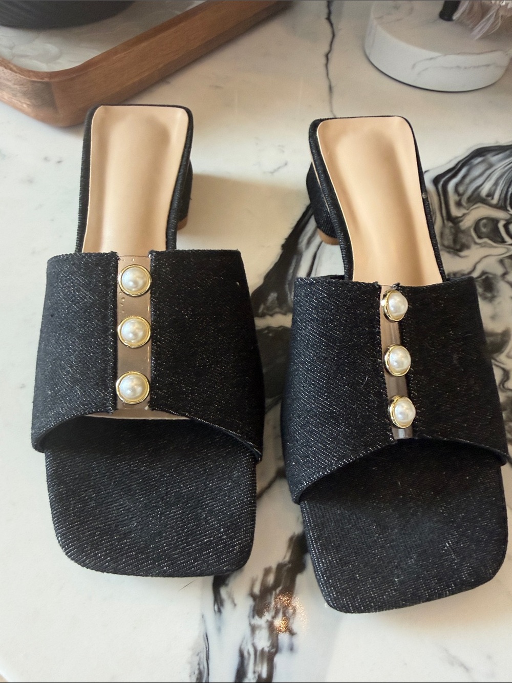 SHEIN Black Pearl-Trim Open-Toe Mules